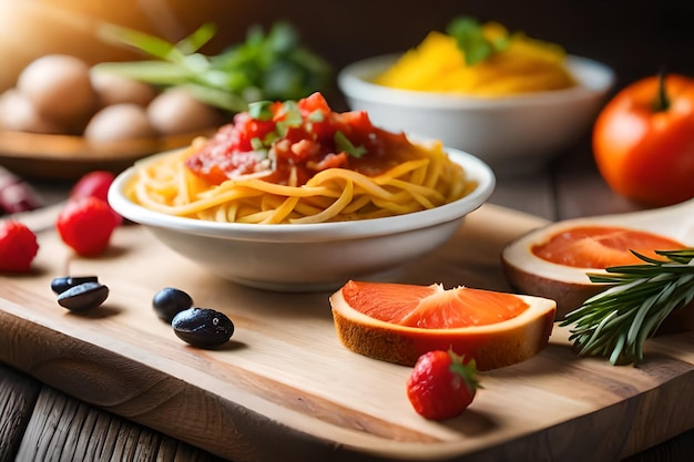 pâtes aux fruits et légumes sur une table en bois