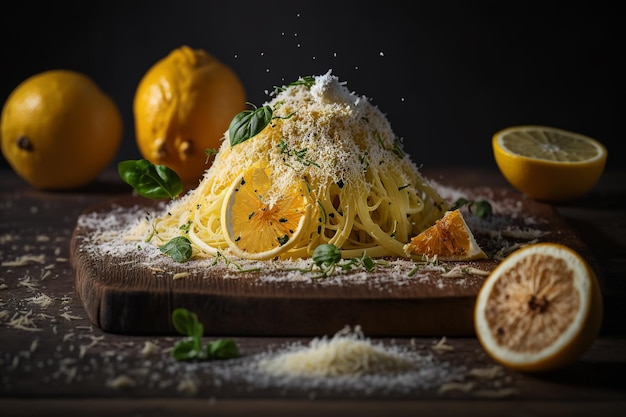 Pâtes carbonara au parmesan et illustration de citron Generative AI