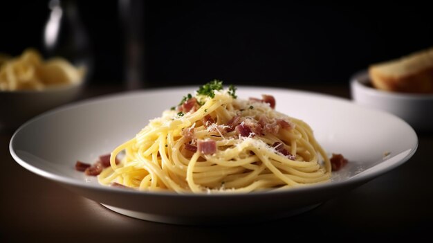 Pâtes carbonara dans une assiette blanche sur une table dans un restaurant