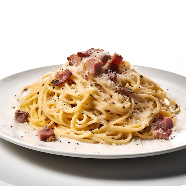 pâtes carbonara en scène blanche