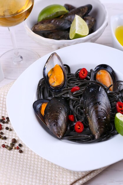 Pâtes cuites citron vert moules et vin sur la table gros plan