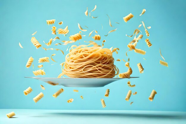 Photo pâtes dans une assiette suspendue dans les airs avec un fond bleu clair