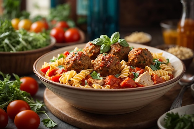 pâtes farfalle au blé dur avec boulettes de viande cuites au four de filet de poulet à la sauce tomate et salade dans un bol