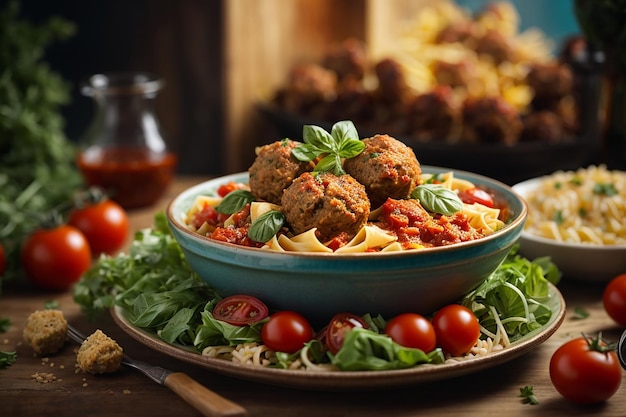 pâtes farfalle au blé dur avec boulettes de viande cuites au four de filet de poulet à la sauce tomate et salade dans un bol