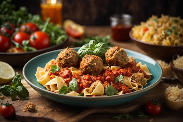 pâtes farfalle au blé dur avec boulettes de viande cuites au four de filet de poulet à la sauce tomate et salade dans un bol