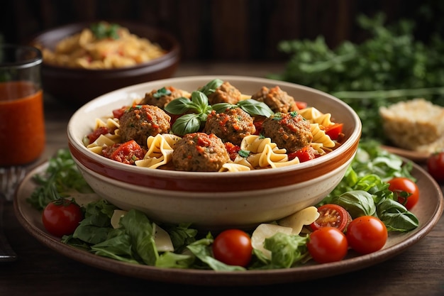 pâtes farfalle au blé dur avec boulettes de viande cuites au four de filet de poulet à la sauce tomate et salade dans un bol