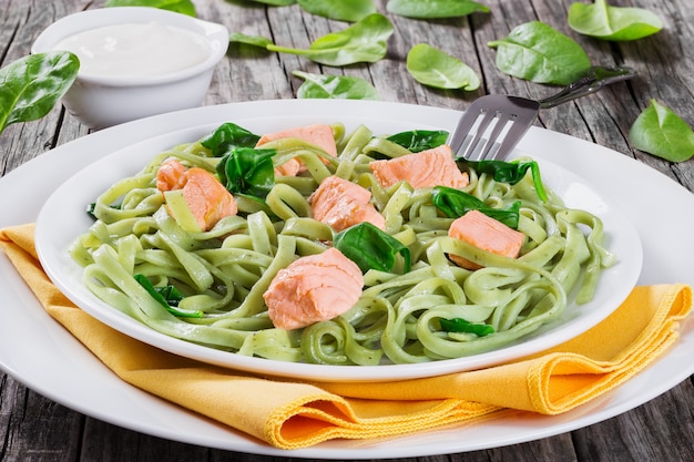 Pâtes Fettuccine au saumon et aux épinards sur une plaque