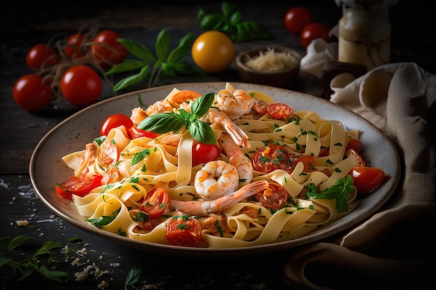 Pâtes fettuccine aux tomates crevettes et herbes