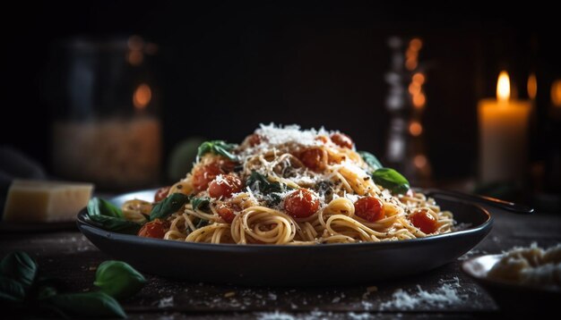 Pâtes fraîchement cuites avec sauce tomate et garniture de parmesan générée par l'IA