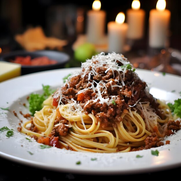 Pâtes fraîches avec de la bolognaise copieuse et du parmesan sur fond avec des bougies haute résolution