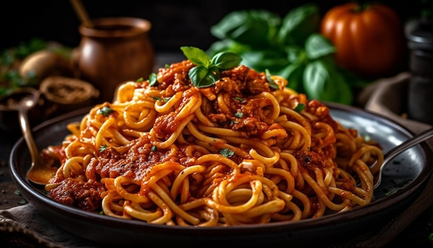 Pâtes fraîches à la bolognaise maison avec du parmesan généré par l'IA