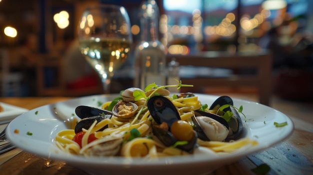 Des pâtes de fruits de mer servies élégamment sur une table capturée dans l'ambiance chaleureuse d'un restaurant