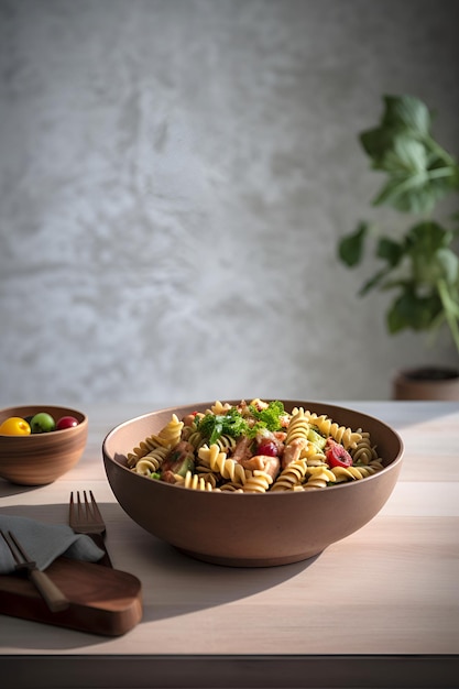 Pâtes fusilli aux légumes sur plaque blanche