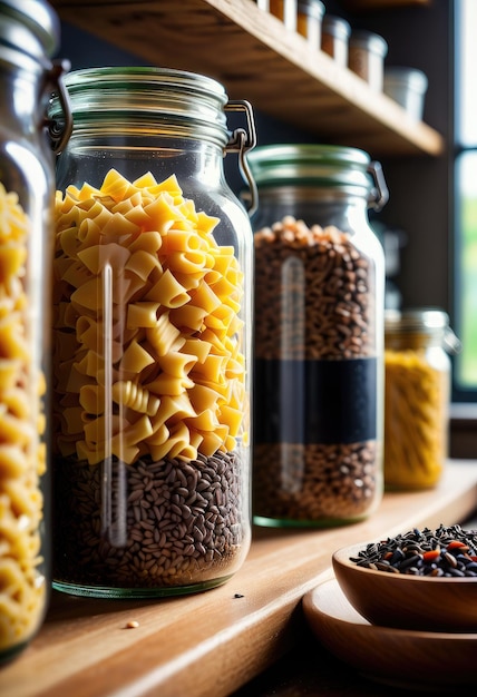 Des pâtes de grains entiers biologiques et du riz sauvage stockés dans des jarres de verre sur une étagère de cuisine.