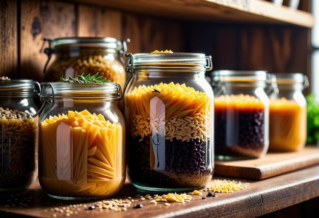 Des pâtes de grains entiers biologiques et du riz sauvage stockés dans des jarres de verre sur une étagère de cuisine.