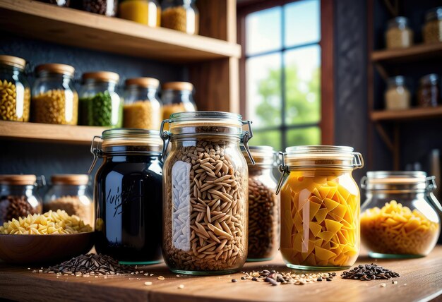 Des pâtes de grains entiers biologiques et du riz sauvage stockés dans des jarres de verre sur une étagère de cuisine.