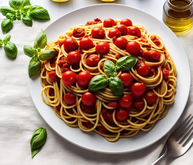 pâtes italiennes à la sauce tomate et feuilles de basilic