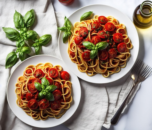 pâtes italiennes à la sauce tomate et feuilles de basilic