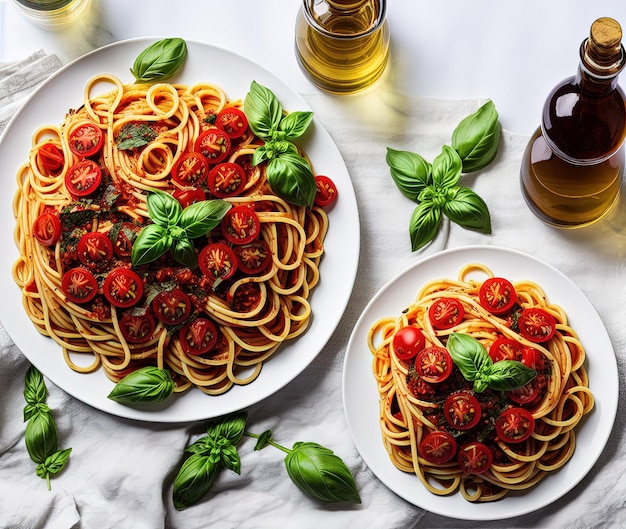 pâtes italiennes à la sauce tomate et feuilles de basilic