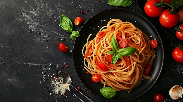 Pâtes linguini italiennes avec sauce tomate dans une assiette noire sur fond sombre Ai Generative