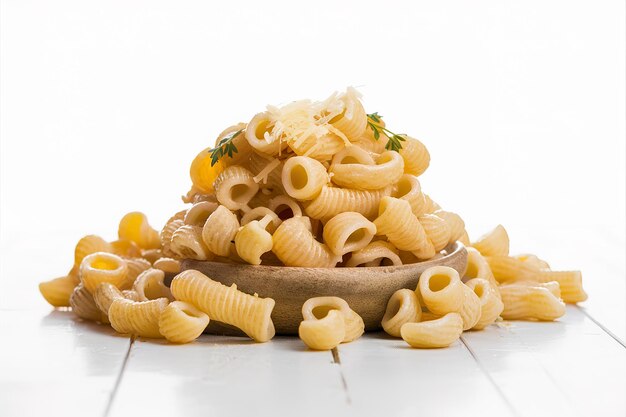 pâtes de macaroni crues avec un bol en bois isolé sur fond blanc