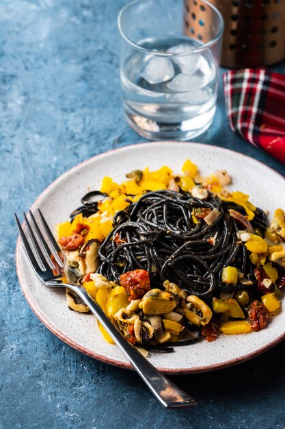 Pâtes noires aux fruits de mer et légumes