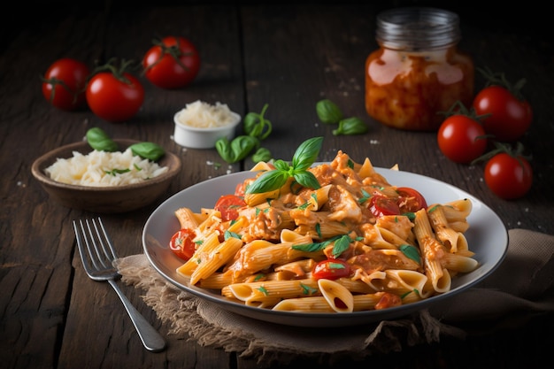 Photo pâtes penne crémeuses dans une sauce tomate épicée avec des tomates en dés de poulet ai generated art work