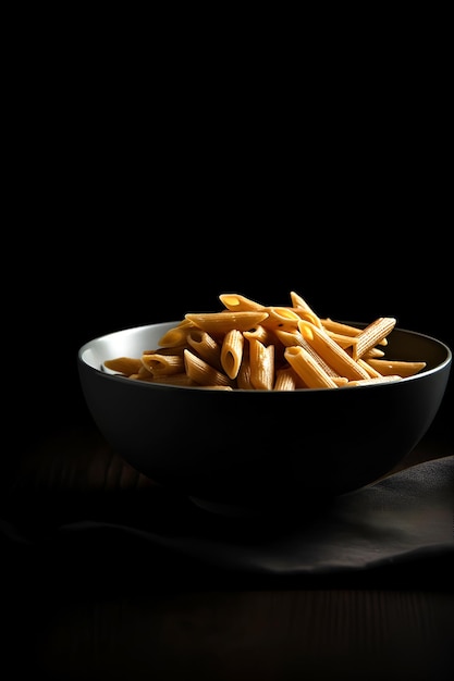 Pâtes penne dans un bol sur fond noir AI généré