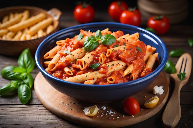 Pâtes penne à la sauce tomate au poulet et tomates sur une table en bois