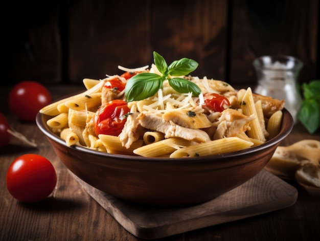 Pâtes penne à la sauce tomate avec du poulet dans un bol Generative AI