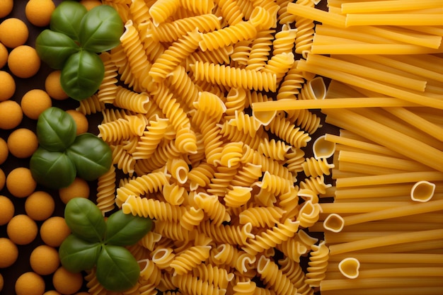 Des pâtes saines non cuites, des ingrédients italiens crus, des spaghettis, des macaronis, un arrière-plan génératif.