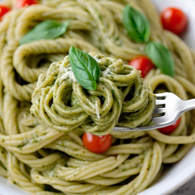 des pâtes en sauce pesto sur une fourchette