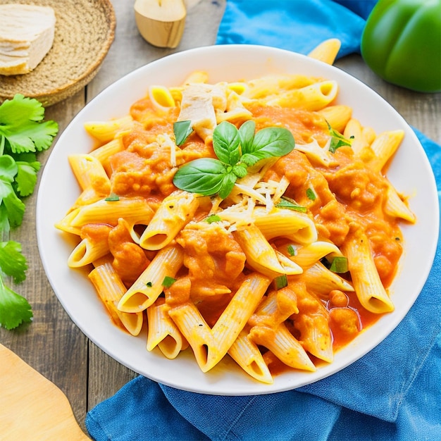 Pâtes à la sauce tomate sur une table en bois