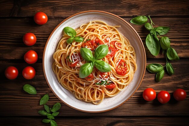 Photo pâtes savoureuses aux tomates et feuilles de basilic dans une assiette sur table en bois ia générative