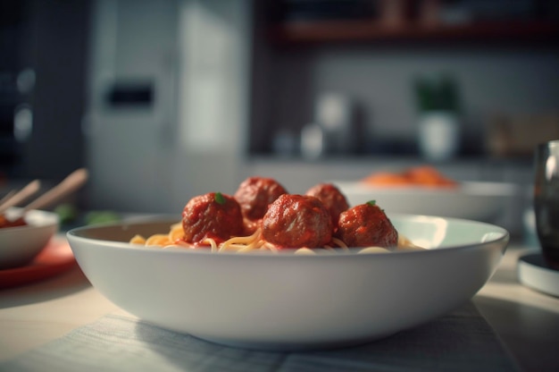 Pâtes spaghetti aux boulettes de viande dans une sauce tomate maison sur une table en bois générée par l'IA