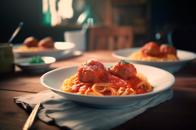 Pâtes spaghetti aux boulettes de viande dans une sauce tomate maison sur une table en bois générée par l'IA