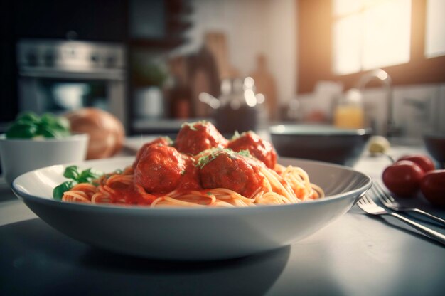 Pâtes spaghetti aux boulettes de viande dans une sauce tomate maison sur une table en bois générée par l'IA