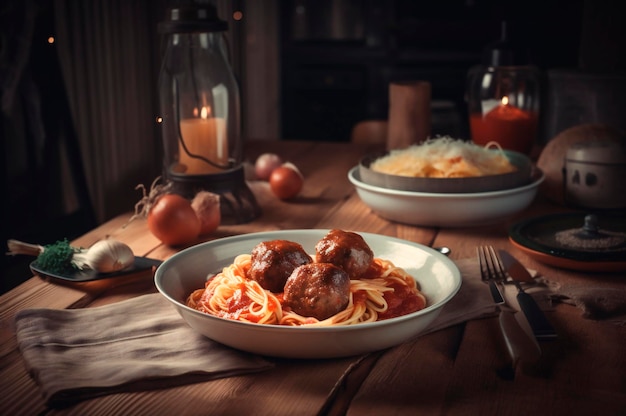 Pâtes spaghetti aux boulettes de viande dans une sauce tomate maison sur une table en bois générée par l'IA