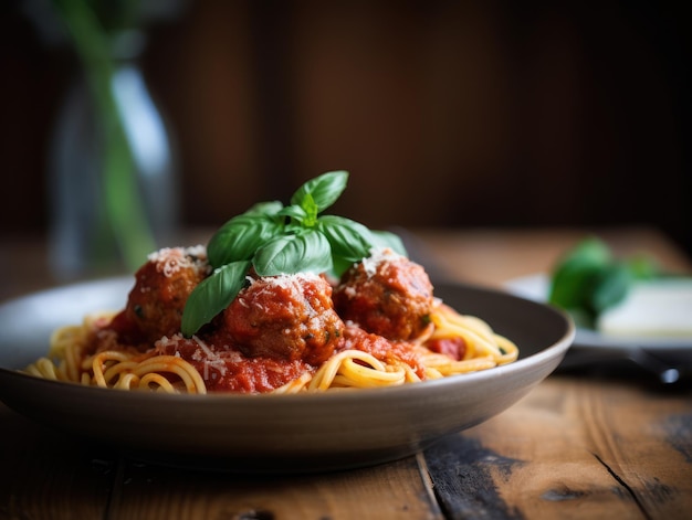 Pâtes spaghetti aux boulettes de viande et sauce tomate sur table en bois Generative AI