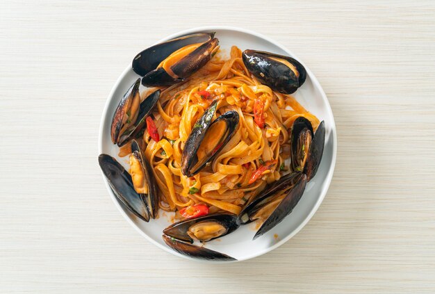 Pâtes spaghetti aux moules ou palourdes et sauce tomate