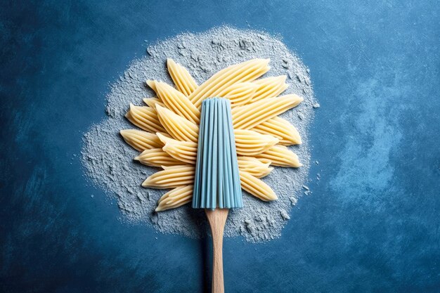 Photo pâtes spaghetti à base de farine de blé nourriture sèche sur fond gris bleu ai générative