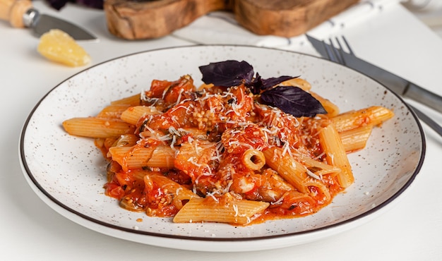 Pâtes végétariennes aux aubergines et sauce tomate et basilic violet. cuisine italienne