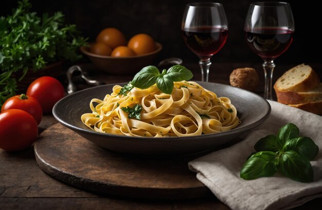 Pâtes avec viande, légumes et vin