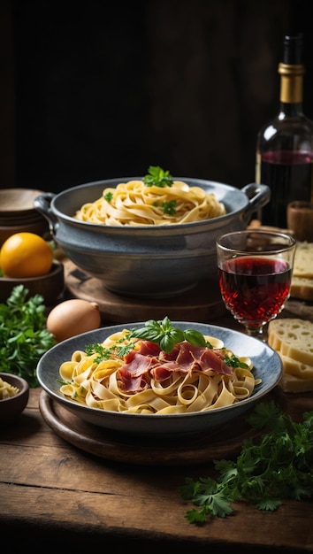 Pâtes avec viande, légumes et vin