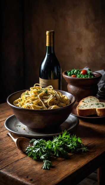 Pâtes avec viande, légumes et vin