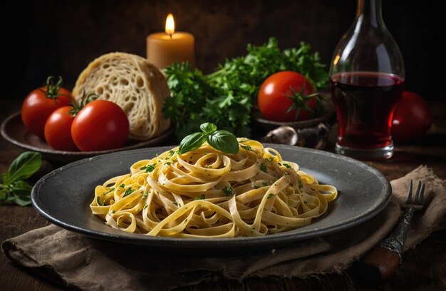 Pâtes avec viande, légumes et vin