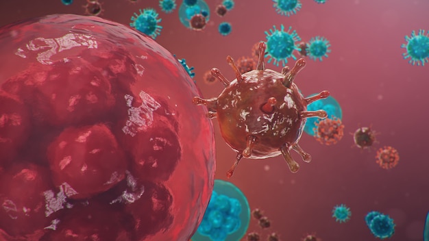 Pathogène chinois appelé Coronavirus ou Covid-19, comme type de grippe. Éclosion de coronavirus, cellules humaines, le virus infecte les cellules. Concept d'une pandémie de pneumonie atypique. Illustration 3D