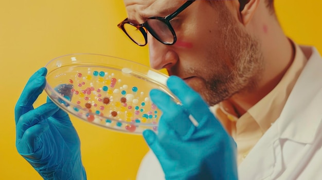 Un pathologiste examine des bactéries et des virus sur un fond jaune