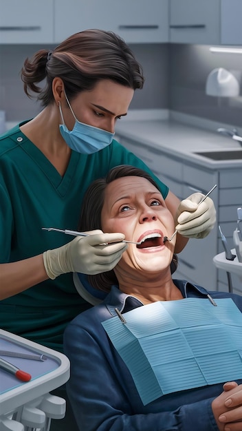 Patient adulte recevant un traitement dentaire avec des outils d'une dentiste dans une clinique