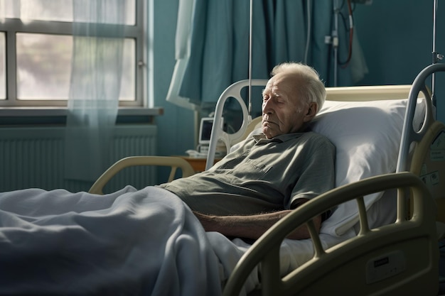 Patient âgé dormant sur un lit dans une salle d'hôpital Homme en rééducation Chambre d'hôpital Ai générative